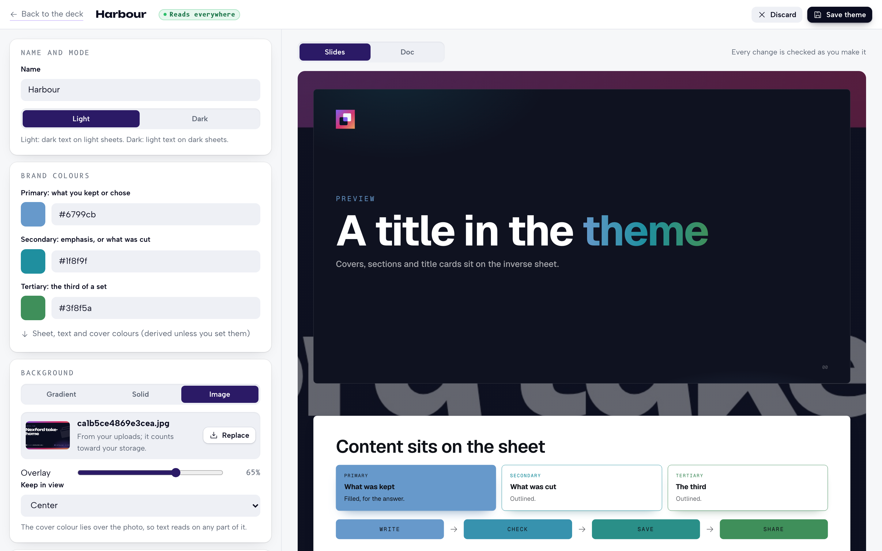 The theme builder: a photo background, a logo, and the preview drawn as you type